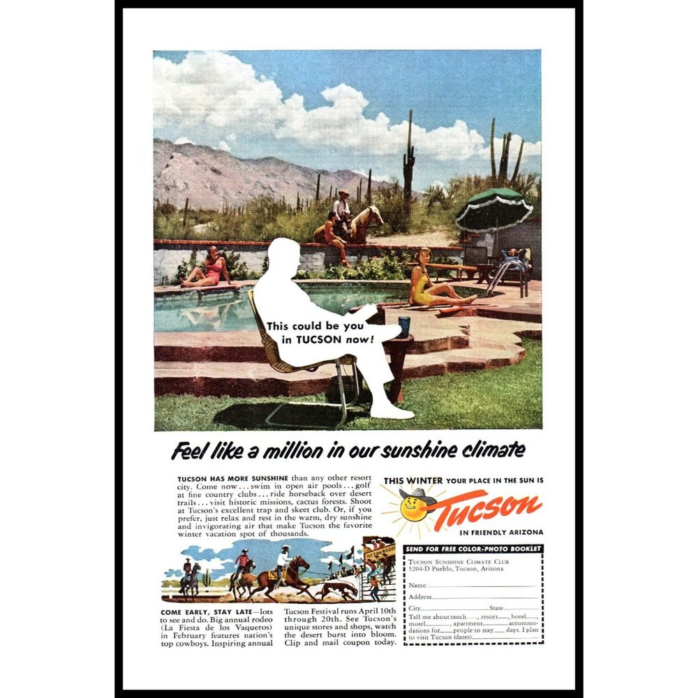 1953 Tucson Arizona Winter Vacation Vintage Print Ad Patio Pool Horseback Art